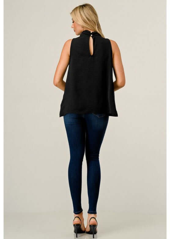 Ladies Black Satin Cowl Neck Sleeveless Jersey Blouse  | Made in USA | Classy Cozy Cool Women's Made in America Clothing Boutique