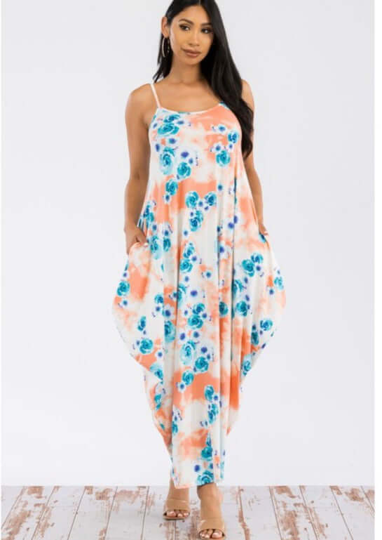 Ladies Floral Tropical Resort Maxi Cami Dress With Pockets in Turquoise & Peach | Made in USA | Classy Cozy Cool Women's Made in America Boutique