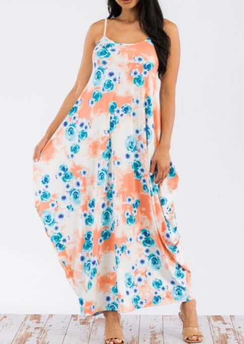 Ladies Floral Tropical Resort Maxi Cami Dress With Pockets in Turquoise & Peach | Made in USA | Classy Cozy Cool Women's Made in America Boutique