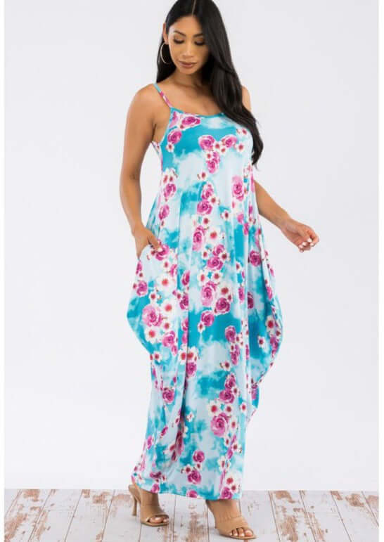 Ladies Floral Tropical Resort Maxi Cami Dress With Pockets in Turquoise & Fuchsia | Made in USA | Classy Cozy Cool Women's Made in America Boutique