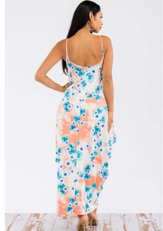 Ladies Floral Tropical Resort Maxi Cami Dress With Pockets in Turquoise & Peach | Made in USA | Classy Cozy Cool Women's Made in America Boutique