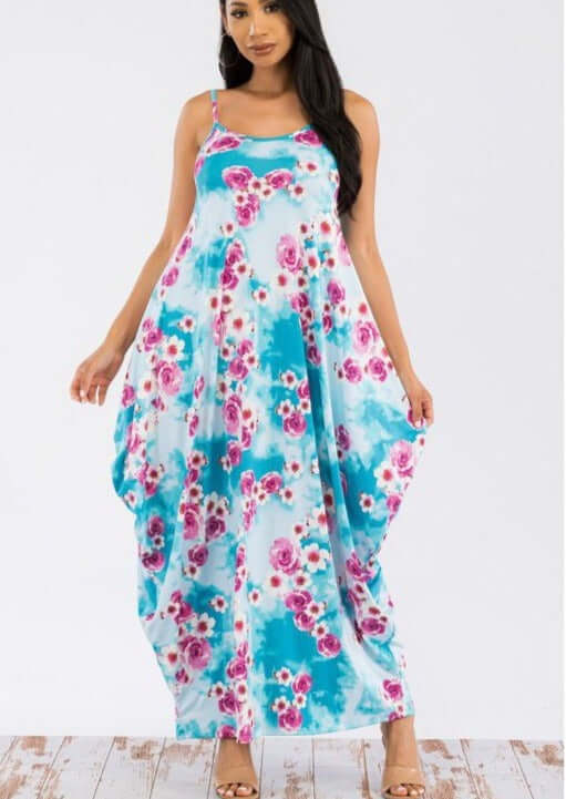 Tropical Resort Cami Floral Dress with Pockets - Clearance Final Sale - Turquoise & Fuchsia / Small Tropical Resort Cami Floral Dress with Pockets - Clearance Final Sale - Turquoise & Fuchsia / Small