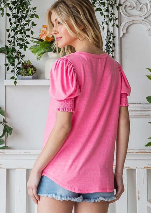 Ladies V-Neck Puff Sleeve Soft Tri-Blend Material Longer Length Fuchsia Pink Top | Made in USA | Classy Cozy Cool Women's Made in America Clothing Boutique