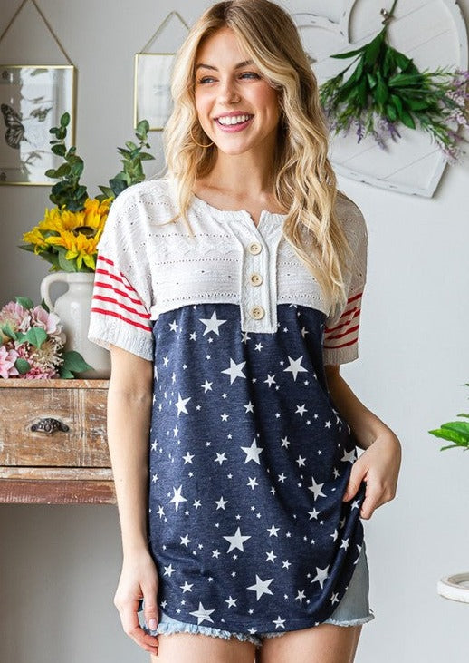 Made in USA Ladies Mixed Fabric Button Detail Stars & Stripes Patriotic Shirt | Classy Cozy Cool Women's Made in America Boutique