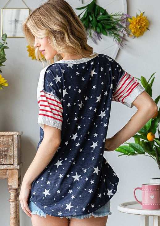 Made in USA Ladies Mixed Fabric Button Detail Stars & Stripes Patriotic Shirt | Classy Cozy Cool Women's Made in America Boutique