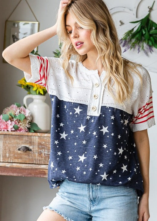Made in USA Ladies Mixed Fabric Button Detail Stars & Stripes Patriotic Shirt | Classy Cozy Cool Women's Made in America Boutique