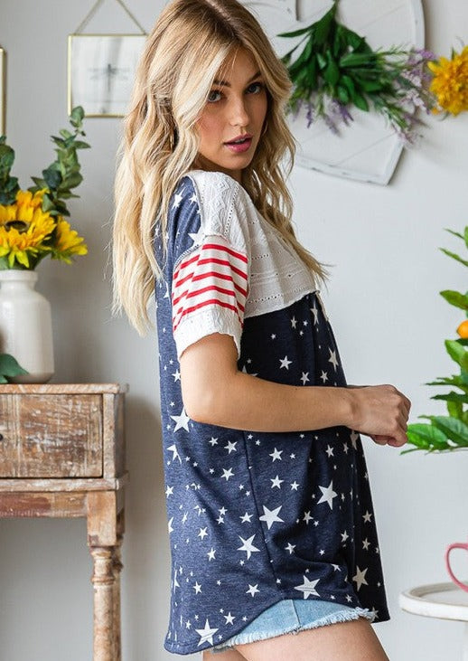 Made in USA Ladies Mixed Fabric Button Detail Stars & Stripes Patriotic Shirt | Classy Cozy Cool Women's Made in America Boutique