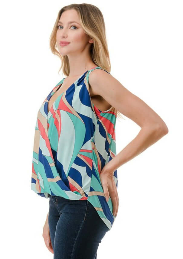 Ladies Made in USA Surplice Design Dressy V-Neck Blouse in Colorful Abstract Print | Classy Cozy Cool Made in America Boutique