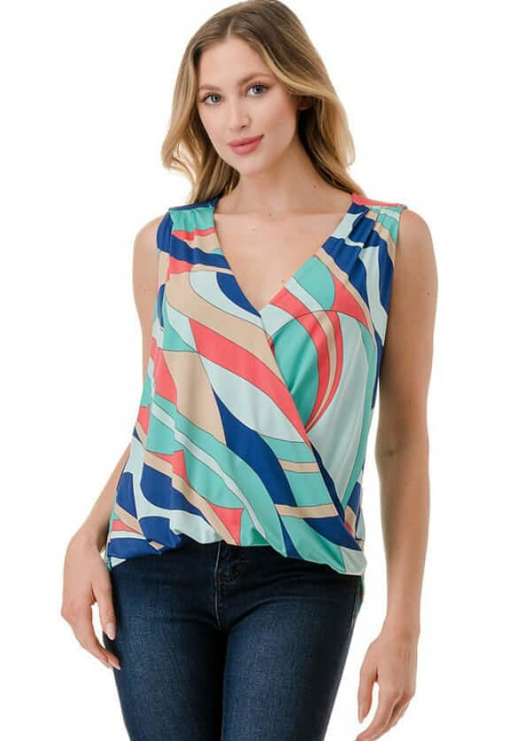 Ladies Made in USA Surplice Design Dressy V-Neck Blouse in Colorful Abstract Print | Classy Cozy Cool Made in America Boutique