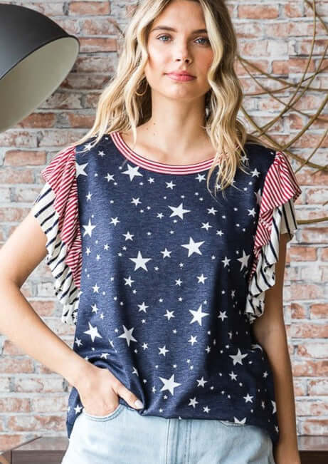 Made in USA 4th of July Ladies Double Ruffle Flutter Cap Sleeves Patriotic Top Shirt in Red White & Blue with Stars & Stripes Design | Classy Cozy Cool Women's Made in America Boutique