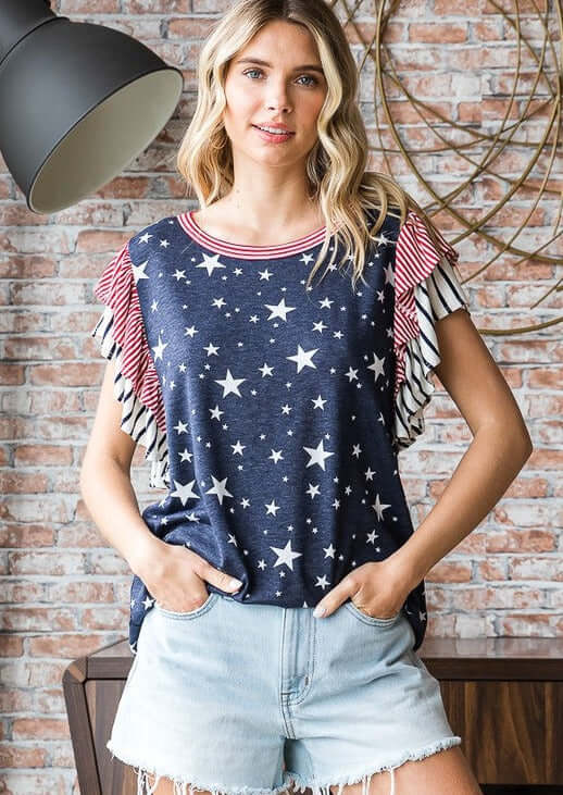 Made in USA 4th of July Ladies Double Ruffle Flutter Cap Sleeves Patriotic Top Shirt in Red White & Blue with Stars & Stripes Design | Classy Cozy Cool Women's Made in America Boutique