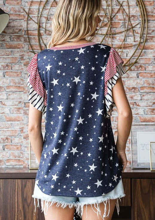 Made in USA 4th of July Ladies Double Ruffle Flutter Cap Sleeves Patriotic Top Shirt in Red White & Blue with Stars & Stripes Design | Classy Cozy Cool Women's Made in America Boutique