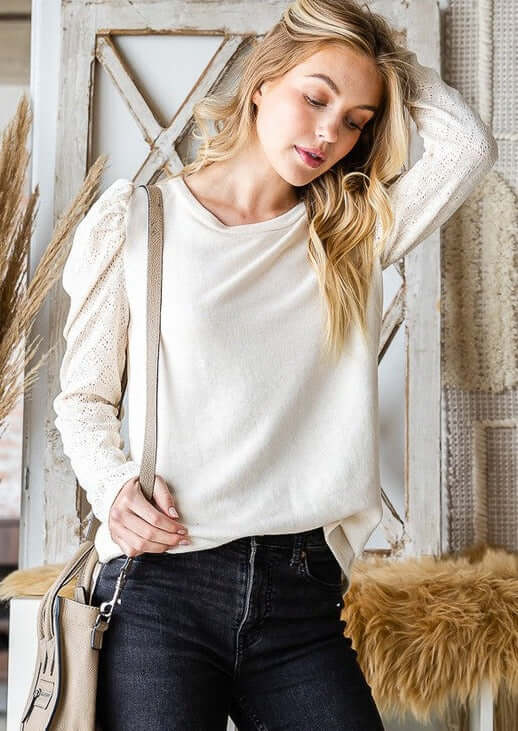 USA Made Ladies' Very Soft Lace Long Sleeve Super Soft Top in Cream with Puff Shoulder | Classy Cozy Cool Women's Made in America Clothing Boutique