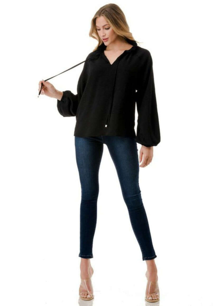 Made in USA Ruffled Neck Textured Satin Dressy Top with Tie Front V-Neck and  Long Puff Sleeves in Black | Classy Cozy Cool Women's Made in USA Boutique