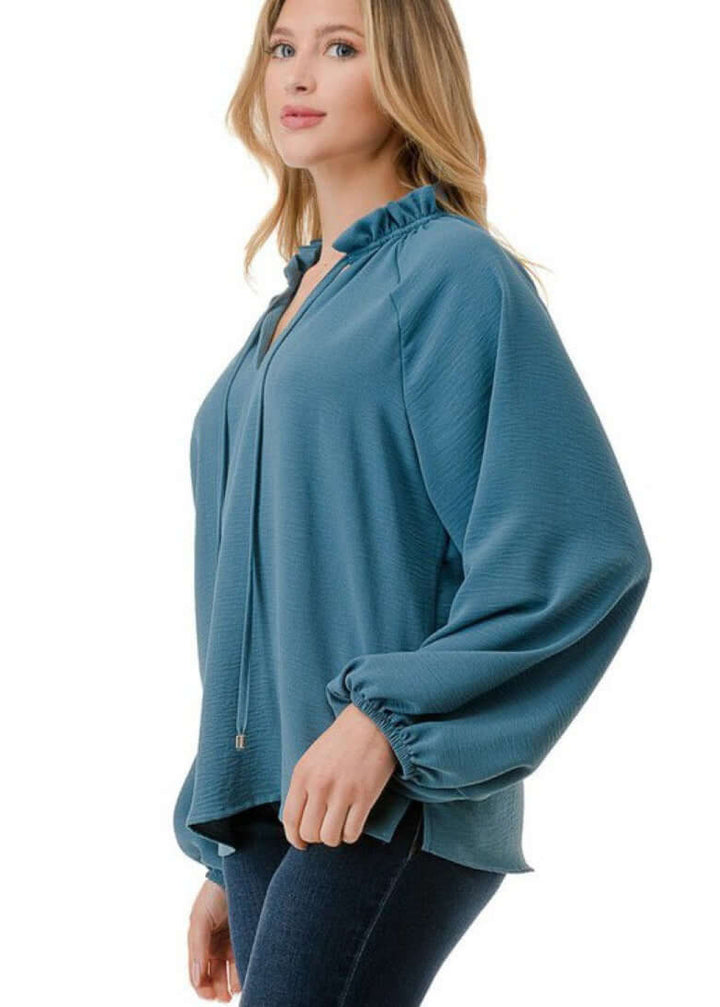 Made in USA Ruffled Neck Textured Satin Dressy Top with Tie Front V-Neck and  Long Puff Sleeves in Teal | Classy Cozy Cool Women's Made in USA Boutique