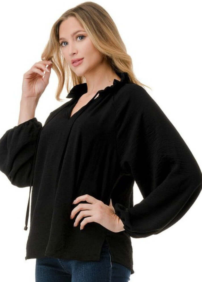 Made in USA Ruffled Neck Textured Satin Dressy Top with Tie Front V-Neck and  Long Puff Sleeves in Black | Classy Cozy Cool Women's Made in USA Boutique
