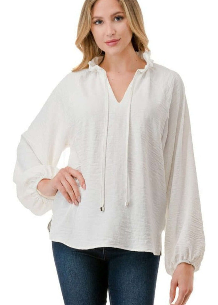 Made in USA Ruffled Neck Textured Satin Dressy Top with Tie Front V-Neck and  Long Puff Sleeves in Ivory | Classy Cozy Cool Women's Made in USA Boutique