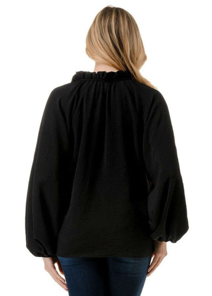 Made in USA Ruffled Neck Textured Satin Dressy Top with Tie Front V-Neck and  Long Puff Sleeves in Black | Classy Cozy Cool Women's Made in USA Boutique