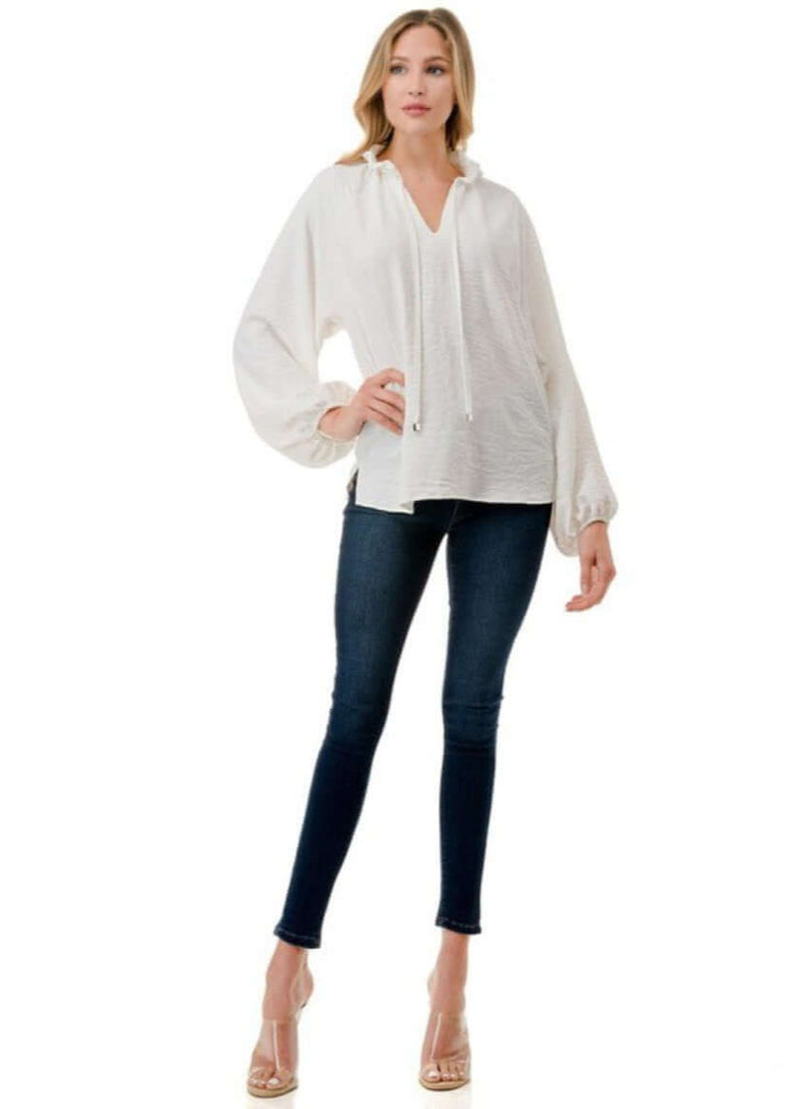 Made in USA Ruffled Neck Textured Satin Dressy Top with Tie Front V-Neck and  Long Puff Sleeves in Ivory | Classy Cozy Cool Women's Made in USA Boutique