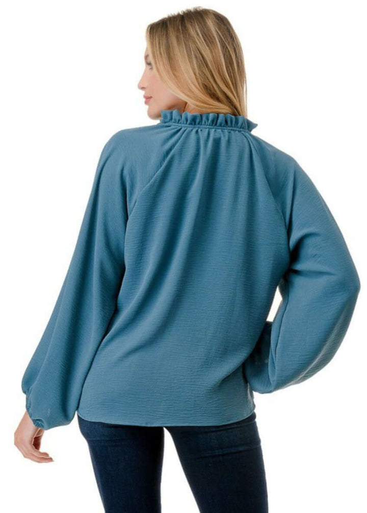 Made in USA Ruffled Neck Textured Satin Dressy Top with Tie Front V-Neck and  Long Puff Sleeves in Teal | Classy Cozy Cool Women's Made in USA Boutique