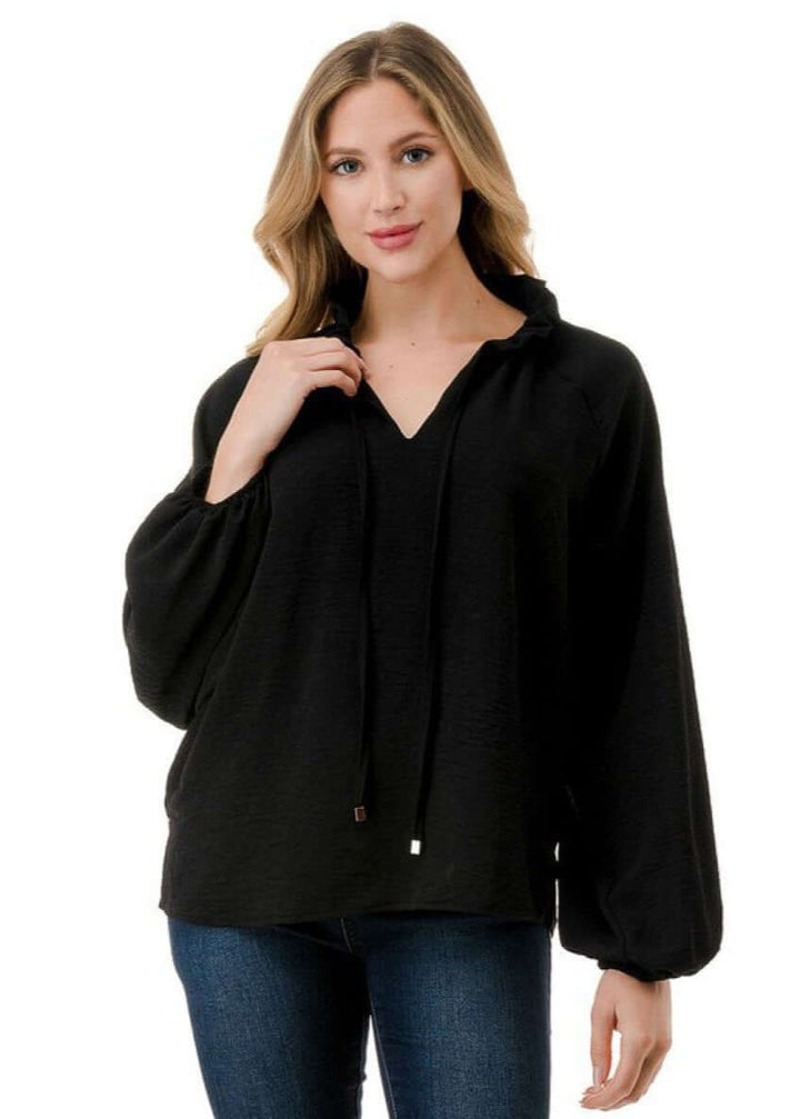 Made in USA Ruffled Neck Textured Satin Dressy Top with Tie Front V-Neck and  Long Puff Sleeves in Black | Classy Cozy Cool Women's Made in USA Boutique