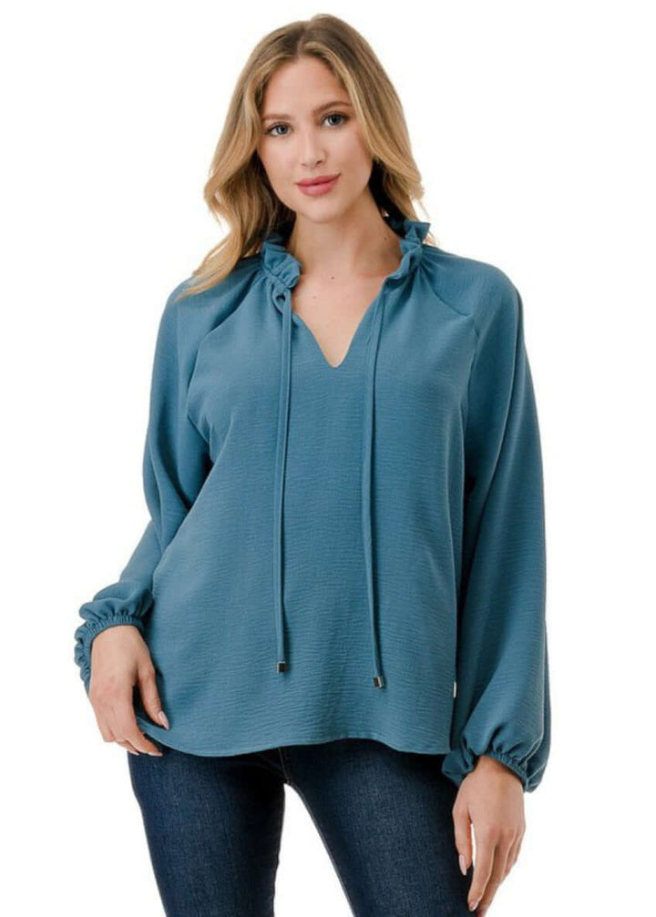 Made in USA Ruffled Neck Textured Satin Dressy Top with Tie Front V-Neck and  Long Puff Sleeves in Teal | Classy Cozy Cool Women's Made in USA Boutique
