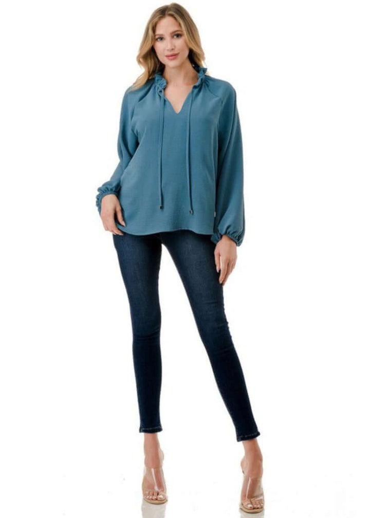 Made in USA Ruffled Neck Textured Satin Dressy Top with Tie Front V-Neck and  Long Puff Sleeves in Teal | Classy Cozy Cool Women's Made in USA Boutique