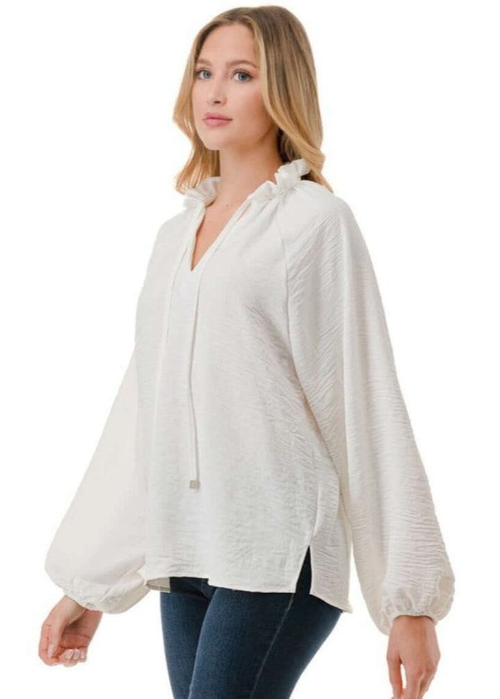 Made in USA Ruffled Neck Textured Satin Dressy Top with Tie Front V-Neck and  Long Puff Sleeves in Ivory | Classy Cozy Cool Women's Made in USA Boutique