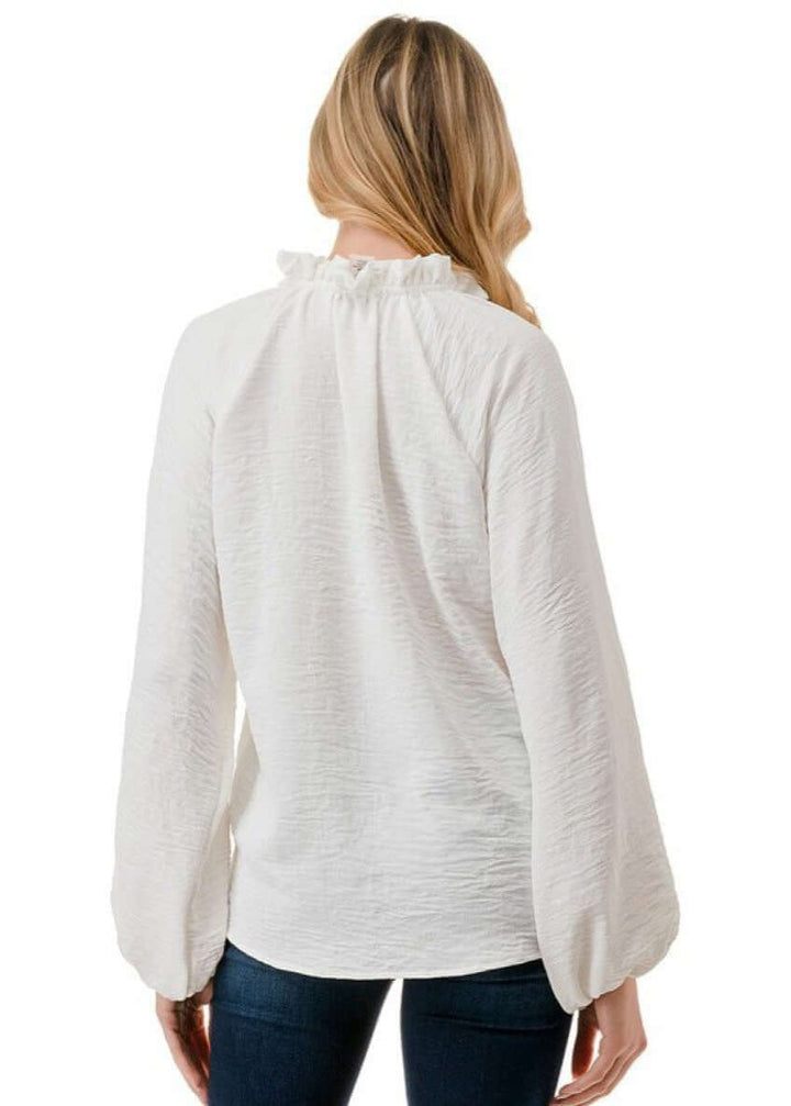 Made in USA Ruffled Neck Textured Satin Dressy Top with Tie Front V-Neck and  Long Puff Sleeves in Ivory | Classy Cozy Cool Women's Made in USA Boutique