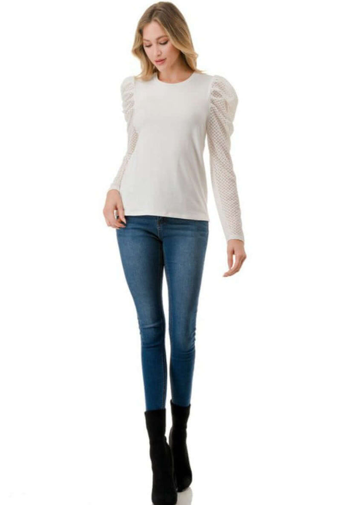 Made in USA Puff Sleeve Lace Contrast Top Crew Neck Long Lace Sleeves Semi-Fitted Off White Soft and Stretchy Ladies Top