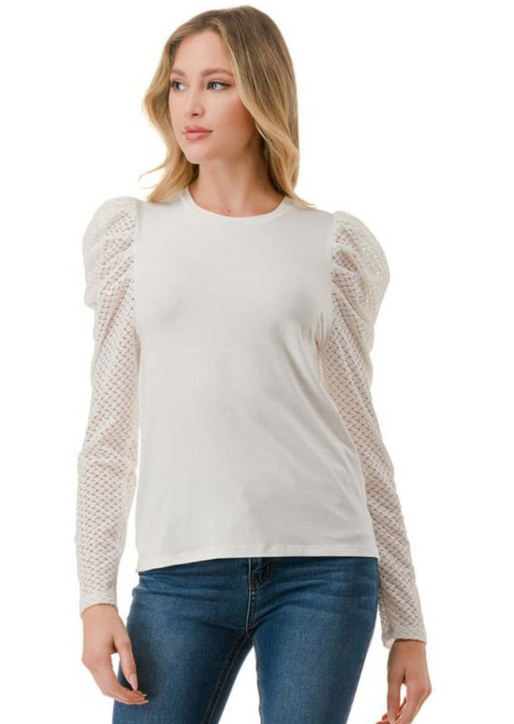 Made in USA Puff Sleeve Lace Contrast Top Crew Neck Long Lace Sleeves Semi-Fitted Off White Soft and Stretchy Ladies Top