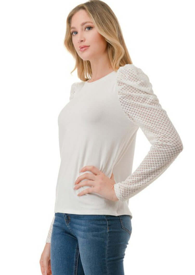 Made in USA Puff Sleeve Lace Contrast Top Crew Neck Long Lace Sleeves Semi-Fitted Off White Soft and Stretchy Ladies Top