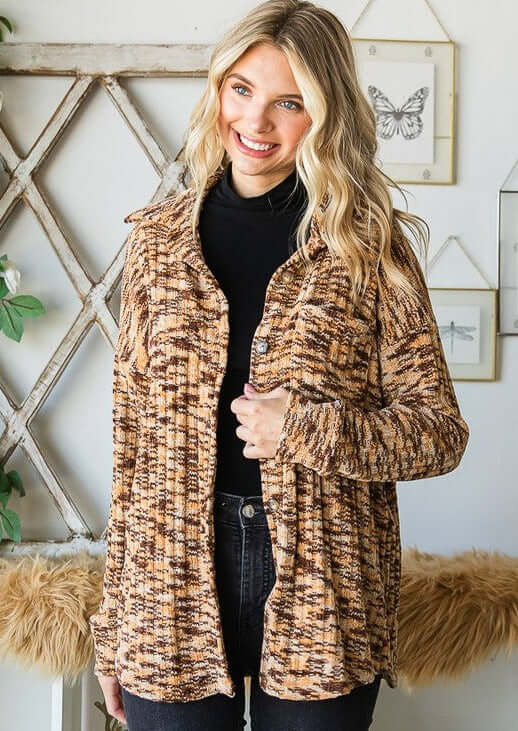 Super Soft Two Tone Teddy Bear Cardigan Sweater Relaxed Fit in tri-color marbled camel | Made in USA | Classy Cozy Cool American Made Clothing Boutique