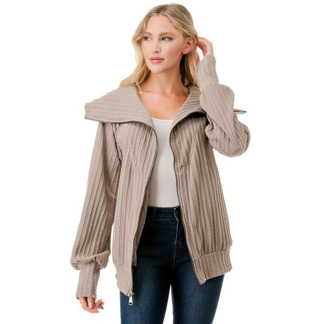 Made in USA Women's Cable Knit Jacket with Big Collar Available in Charcoal, Mocha & Sage | Classy Cozy Cool Women's Made in America Boutique