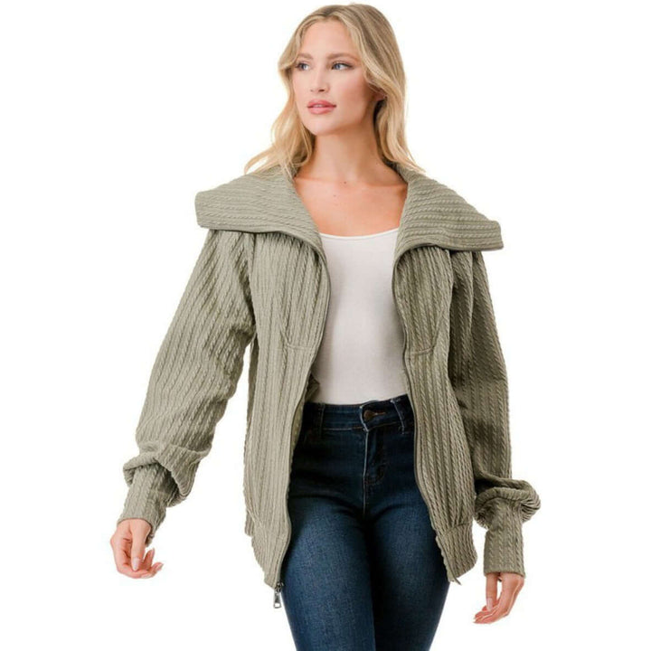 Made in USA Women's Cable Knit Jacket with Big Collar Available in Charcoal, Mocha & Sage | Classy Cozy Cool Women's Made in America Boutique