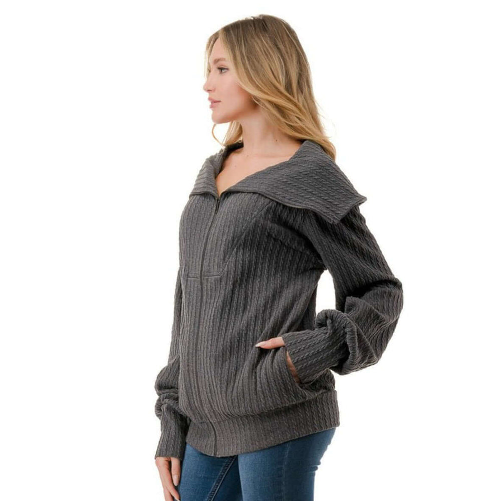 Made in USA Women's Cable Knit Jacket with Big Collar Available in Charcoal, Mocha & Sage | Classy Cozy Cool Women's Made in America Boutique