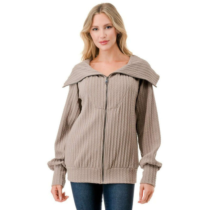 Made in USA Women's Cable Knit Jacket with Big Collar Available in Charcoal, Mocha & Sage | Classy Cozy Cool Women's Made in America Boutique