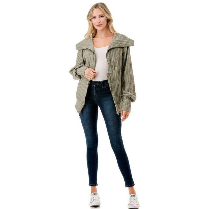 Made in USA Women's Cable Knit Jacket with Big Collar Available in Charcoal, Mocha & Sage | Classy Cozy Cool Women's Made in America Boutique