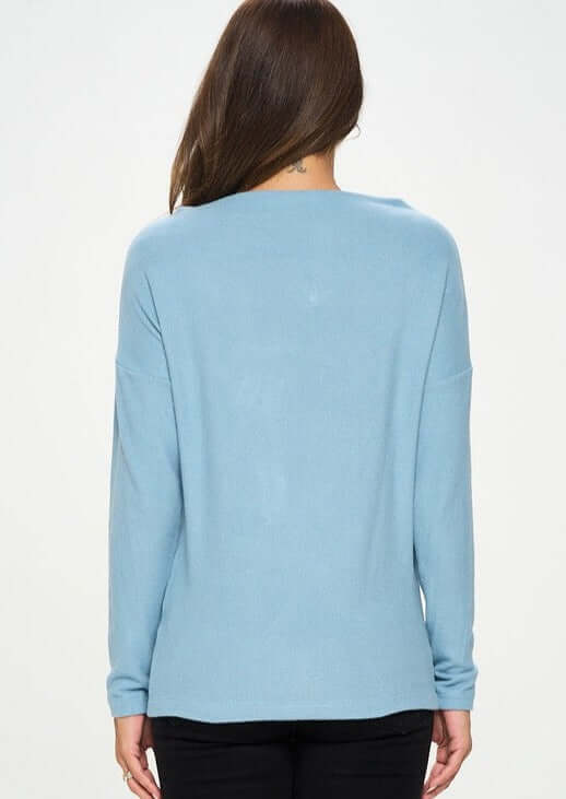 Women's Made in USA Relaxed Fit Super Soft Long Sleeve Cashmere Sweater Top in Light Blue - Can be worn Off Shoulder or as Boat Neck | Renee C Style# 4097TP | Classy Cozy Cool Made in America Boutique