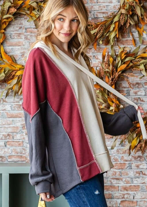 USA Made Women's Color Block Drawstring Hoodie in Charcoal Grey, Burgundy & Cream | Style# T5311 | Classy Cozy Cool Women's Made in America Boutique
