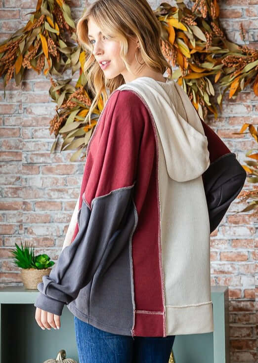 USA Made Women's Color Block Drawstring Hoodie in Charcoal Grey, Burgundy & Cream | Style# T5311 | Classy Cozy Cool Women's Made in America Boutique