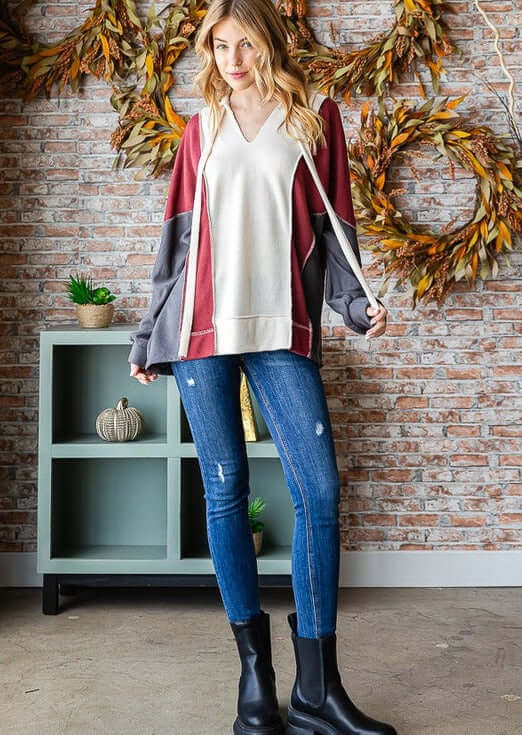 USA Made Women's Color Block Drawstring Hoodie in Charcoal Grey, Burgundy & Cream | Style# T5311 | Classy Cozy Cool Women's Made in America Boutique