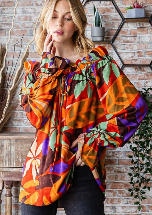 USA Made Women's Tropical Floral Off the Shoulder Top with Tie Front Detail Striking Floral Pattern with Orange, Brown, Purple & Green | Style# T5315