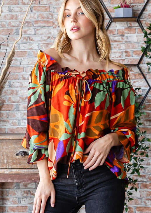 USA Made Women's Tropical Floral Off the Shoulder Top with Tie Front Detail Striking Floral Pattern with Orange, Brown, Purple & Green | Style# T5315