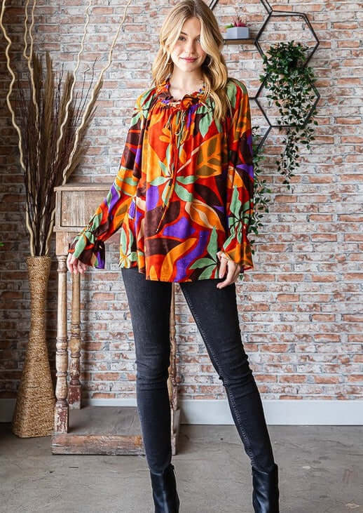 USA Made Women's Tropical Floral Off the Shoulder Top with Tie Front Detail Striking Floral Pattern with Orange, Brown, Purple & Green | Style# T5315