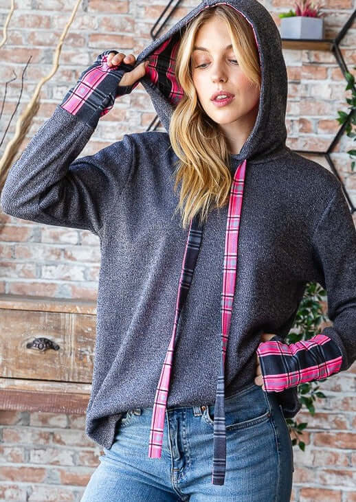 USA Made Women's Plaid Contrast Drawstring Hoodie in Charcoal Grey with Plaid Fuchsia Accents & Thumbhole Cuffs | Style# T5316 | Classy Cozy Cool Women's Made in America Boutique