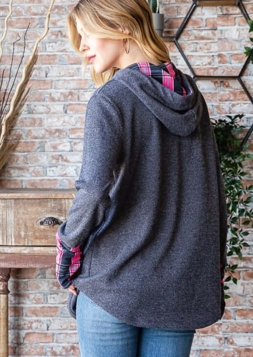 USA Made Women's Plaid Contrast Drawstring Hoodie in Charcoal Grey with Plaid Fuchsia Accents & Thumbhole Cuffs | Style# T5316 | Classy Cozy Cool Women's Made in America Boutique