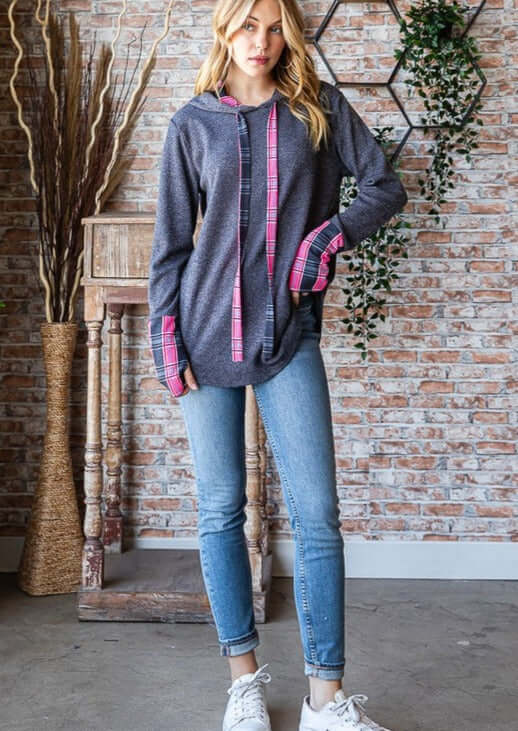 USA Made Women's Plaid Contrast Drawstring Hoodie in Charcoal Grey with Plaid Fuchsia Accents & Thumbhole Cuffs | Style# T5316 | Classy Cozy Cool Women's Made in America Boutique