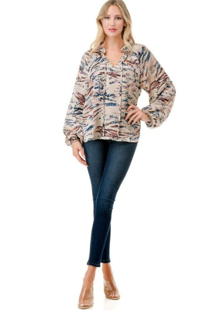 Made in USA Colorful Ruffled Neck Textured Satin Zebra Print Dressy Top with Tie Front V-Neck and  Long Puff Sleeves | Classy Cozy Cool Women's Made in USA Boutique