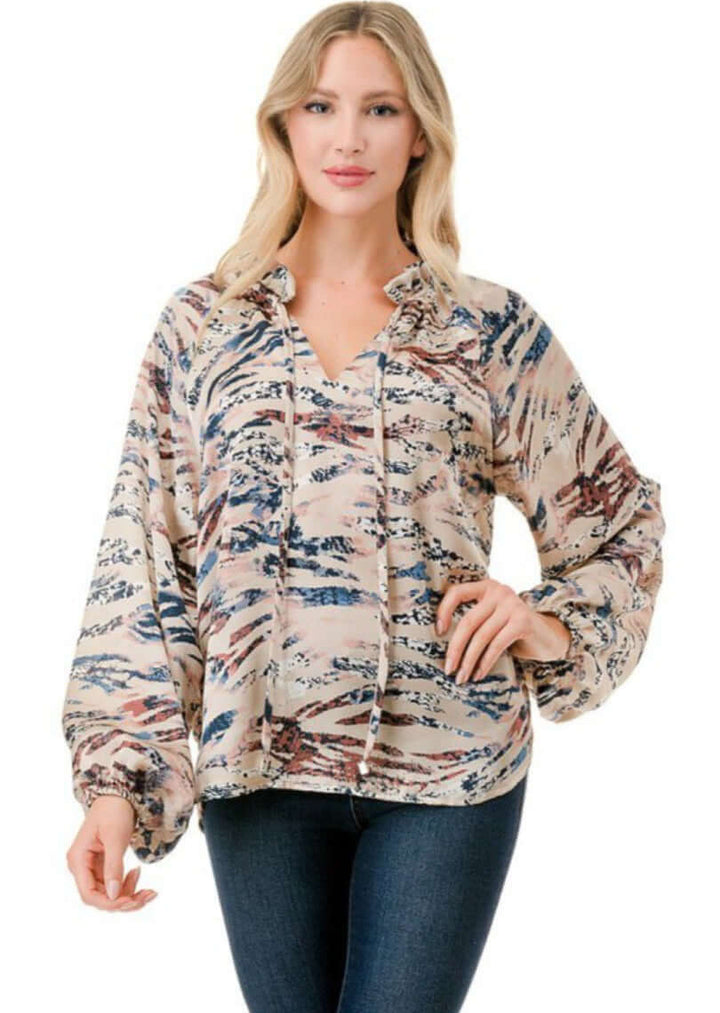 Made in USA Colorful Ruffled Neck Textured Satin Zebra Print Dressy Top with Tie Front V-Neck and  Long Puff Sleeves | Classy Cozy Cool Women's Made in USA Boutique